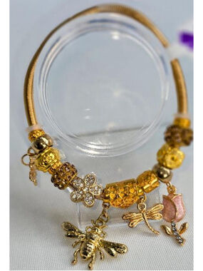 Handmade Charm Bracelet: Acrylic, Resin Beads, Metal Alloy Charms, Golden Snake